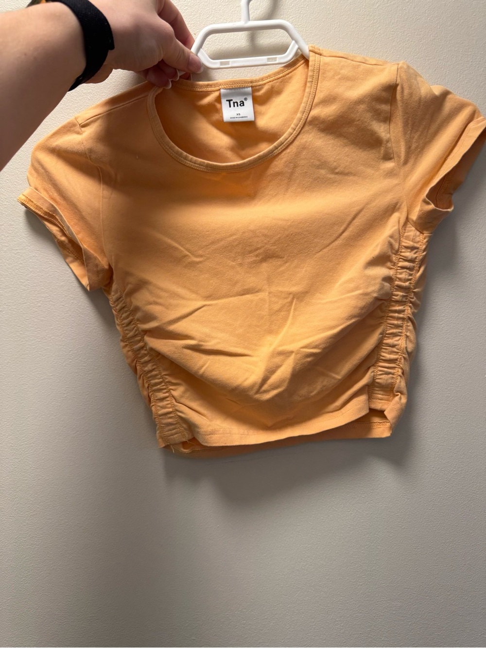 TNA Peach Orange Ruched-Side Crop Tee